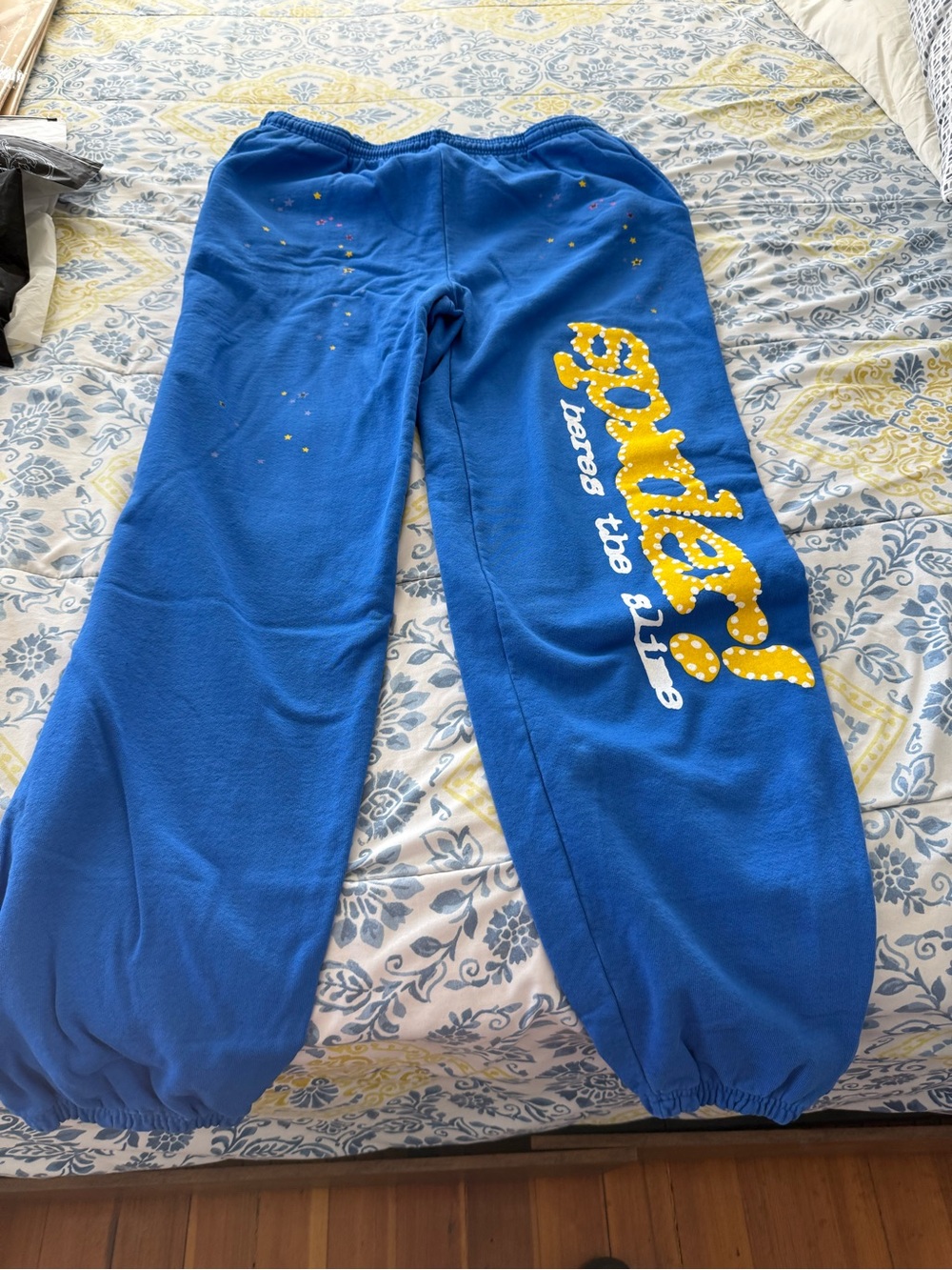 Blue Graphic Sweatpants with Yellow Script